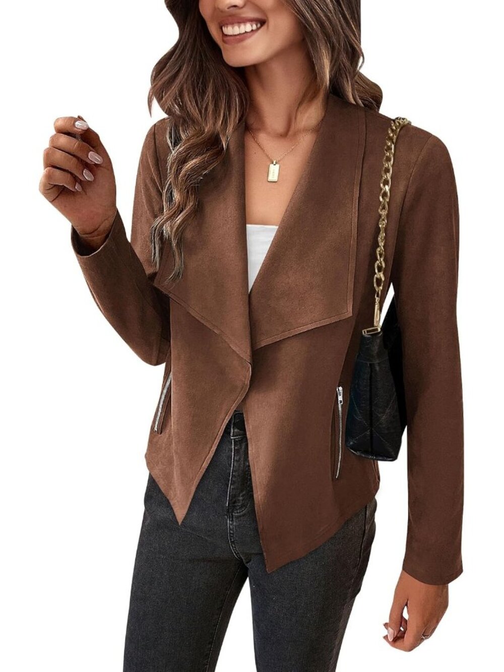 Women's Coffee Faux Suede Open Front Waterfall Collar Long Sleeve Draped Jacket